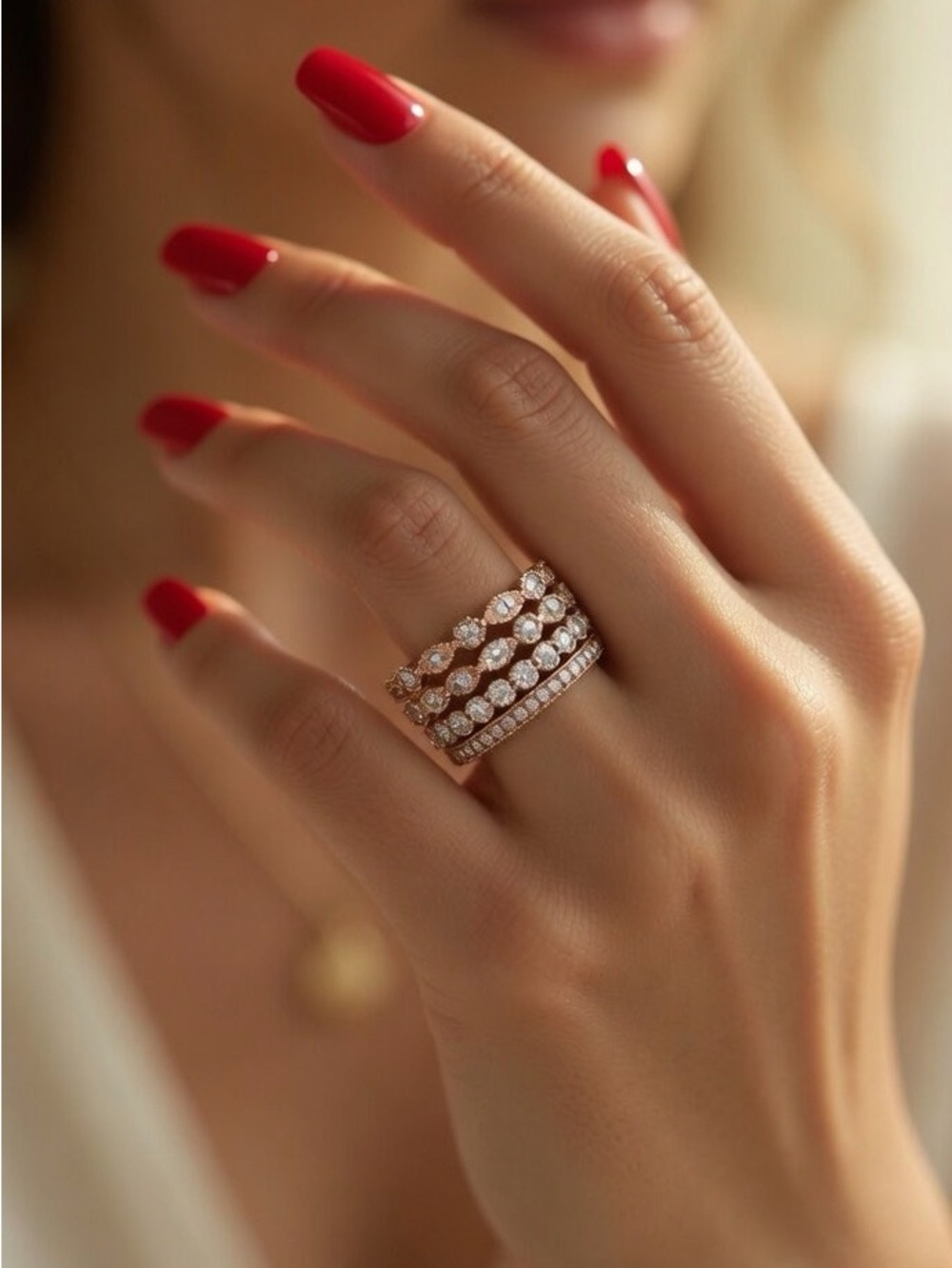Rose Gold Diamond Stacked Sterling Silver Rings Vintage Design Anniversary